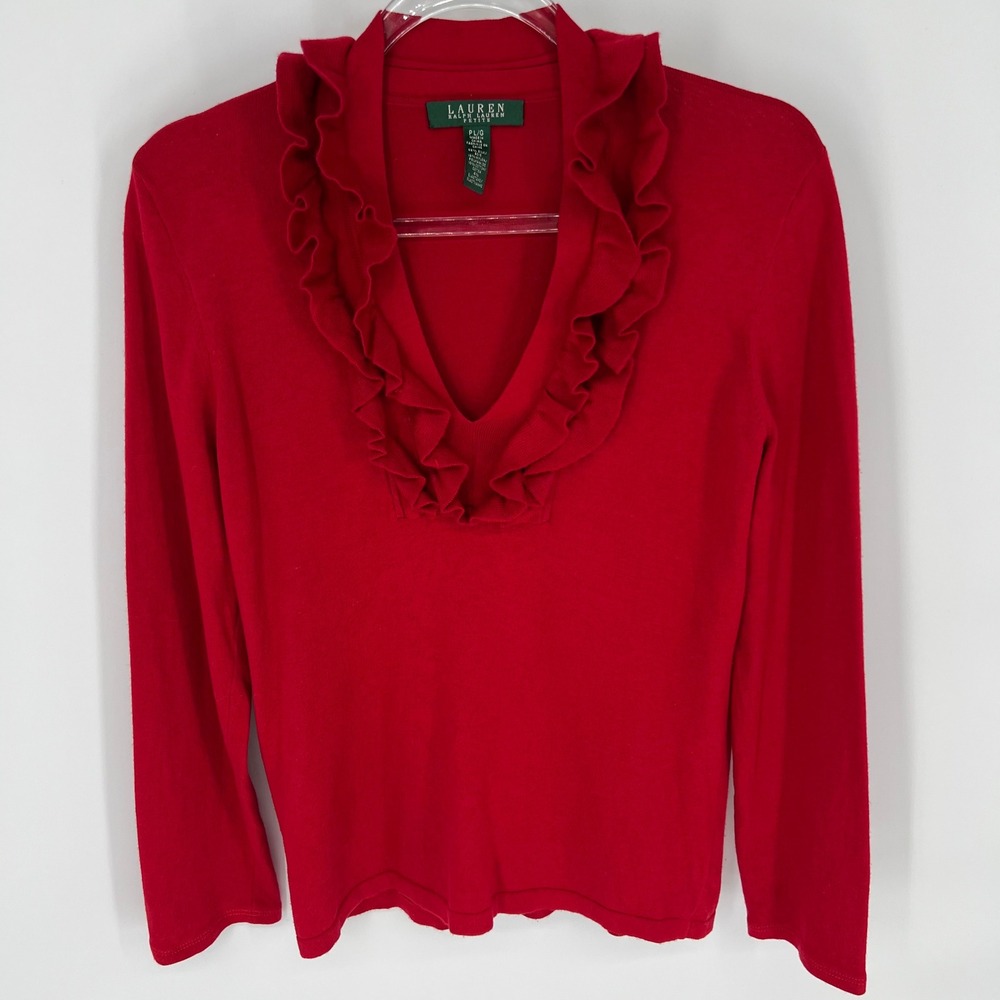 LAUREN‎ Ralph Lauren Sweater Womens PL Red Silk Blend Ruffle V-Neck Long Sleeve